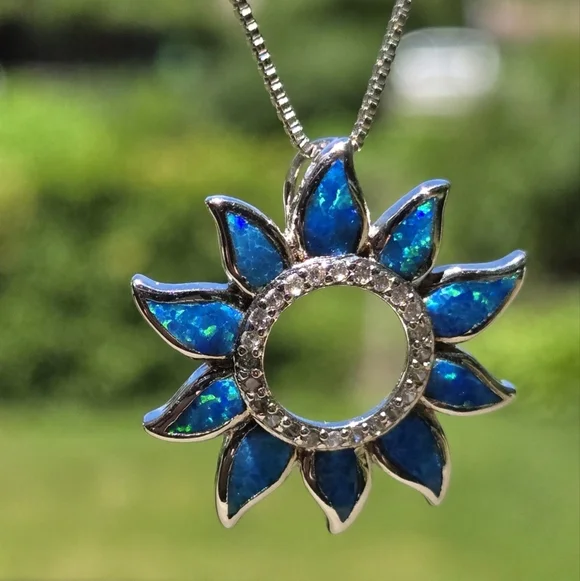 Sterling Silver 925 Necklace Silver 925 Blue Sunflower Opal  Pendant Necklace - Picture 9 of 17